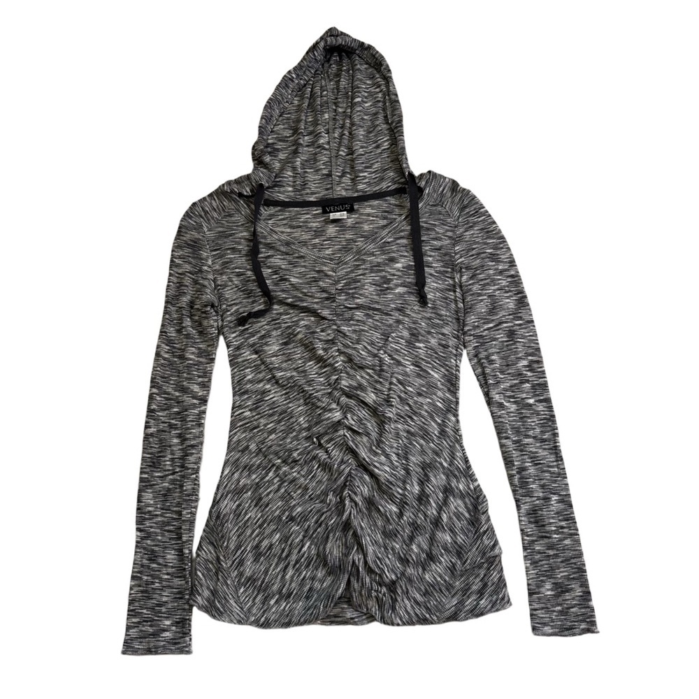 VENUS Grey Marled Knit Hoodie Size Small Long Sleeve Ruching Down Center Front - Picture 11 of 11